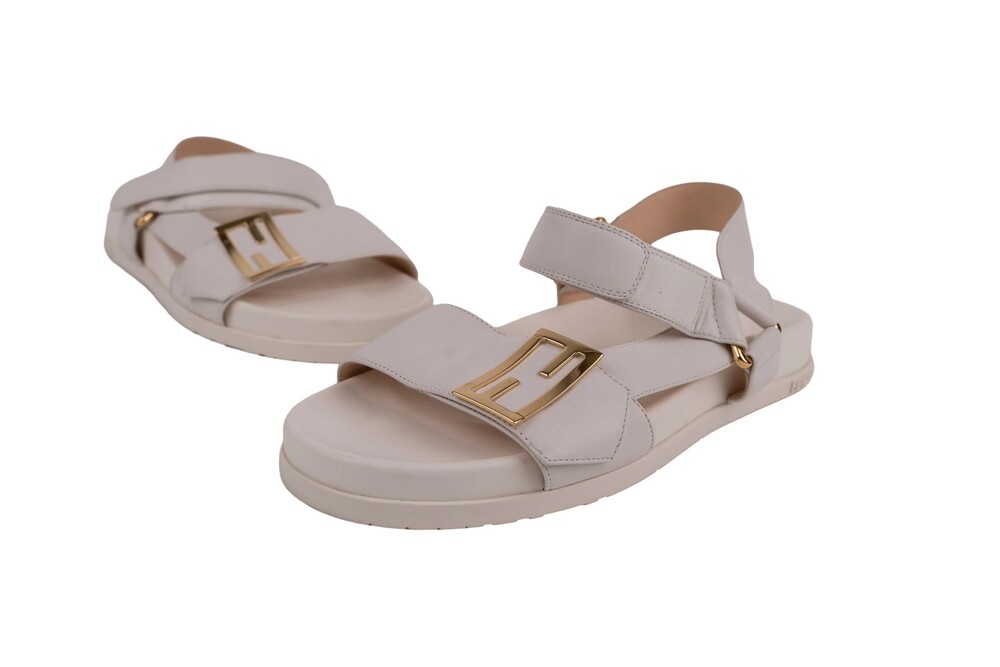 Fendi White FF Logo Ankle-Strap Flatform Sandals Calfskin Leather Gold Hardware